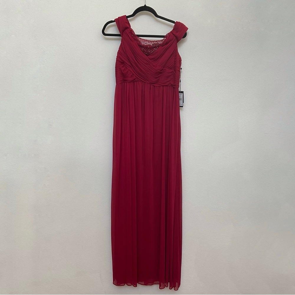 NWT Adrianna Papell Red Sparkley Neckline Wrap Bodice Floor Length Gown Size 12